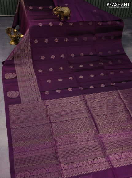 Pure soft silk saree deep purple with zari woven buttas and rich zari woven border