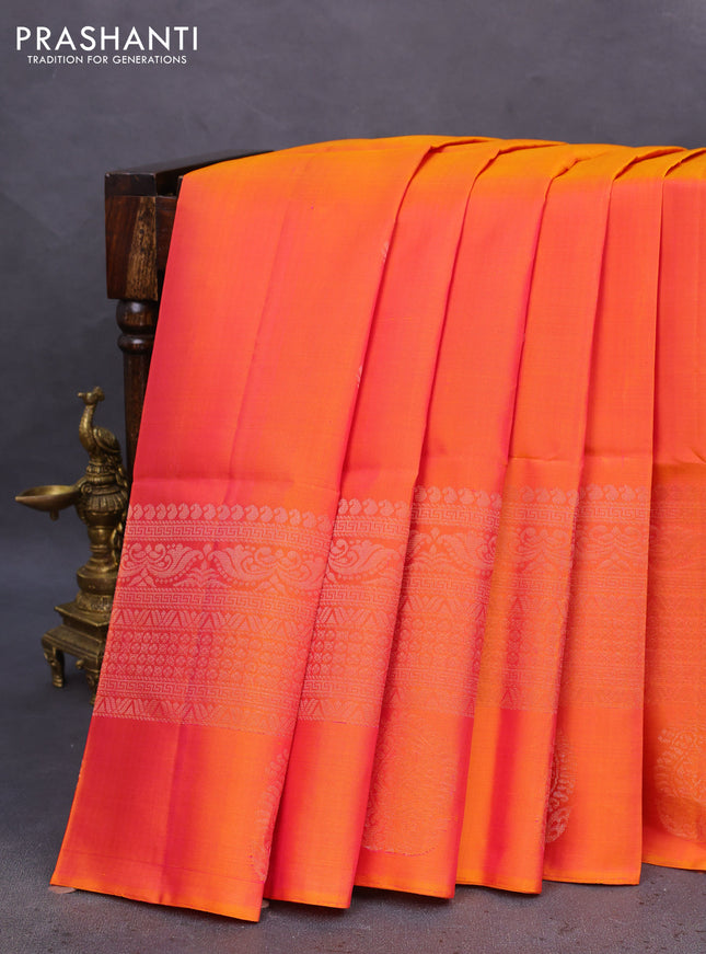 Pure soft silk saree dual shade of pinkish yellow with zari woven buttas and rich zari woven border