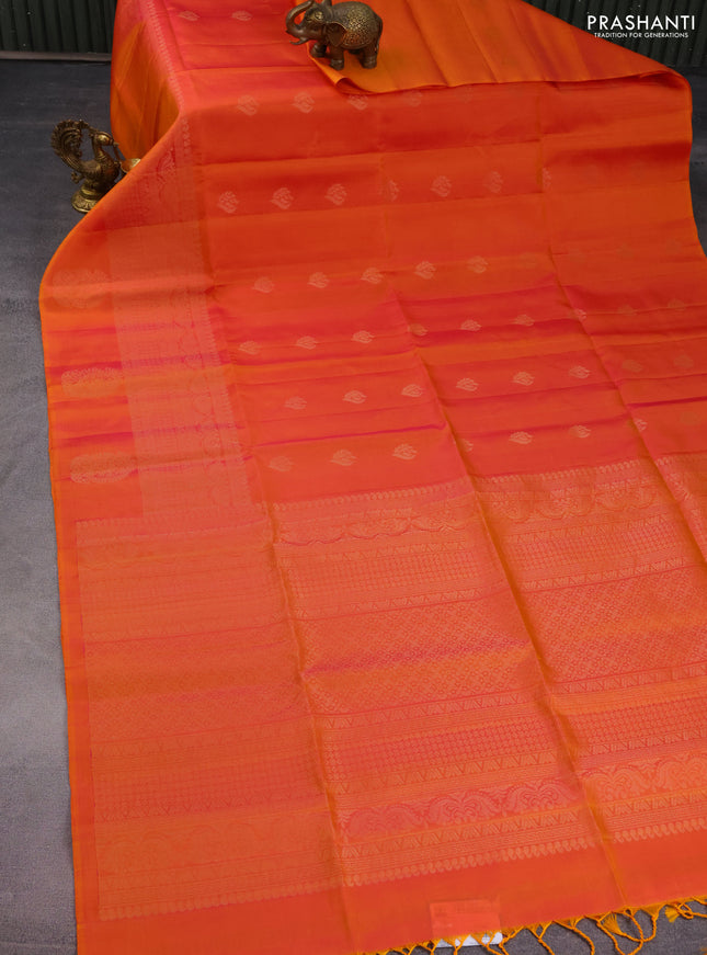 Pure soft silk saree dual shade of pinkish yellow with zari woven buttas and rich zari woven border