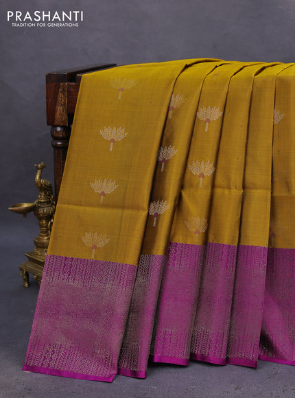 Pure soft silk saree dark mustard and purple with zari woven buttas and zari woven border