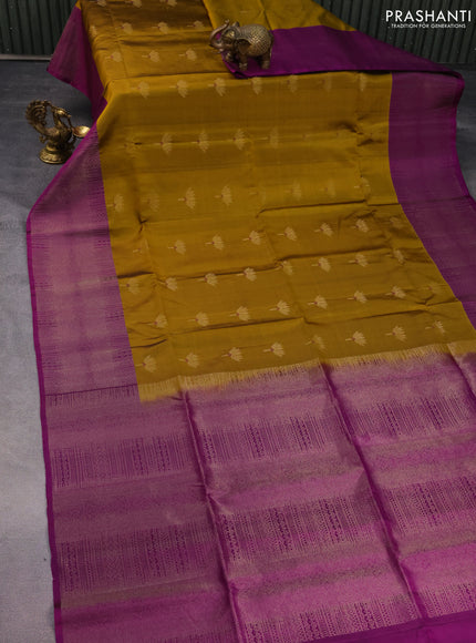 Pure soft silk saree dark mustard and purple with zari woven buttas and zari woven border