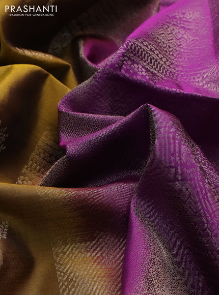 Pure soft silk saree dark mustard and purple with zari woven buttas and zari woven border