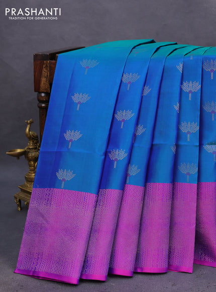 Pure soft silk saree dual shade of teal blue and purple with zari woven buttas and zari woven border
