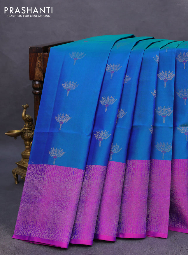 Pure soft silk saree dual shade of teal blue and purple with zari woven buttas and zari woven border