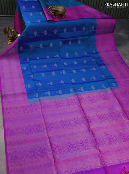 Pure soft silk saree dual shade of teal blue and purple with zari woven buttas and zari woven border
