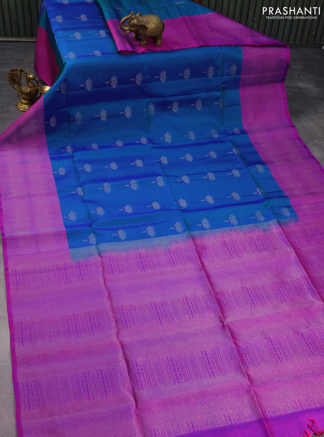 Pure soft silk saree dual shade of teal blue and purple with zari woven buttas and zari woven border