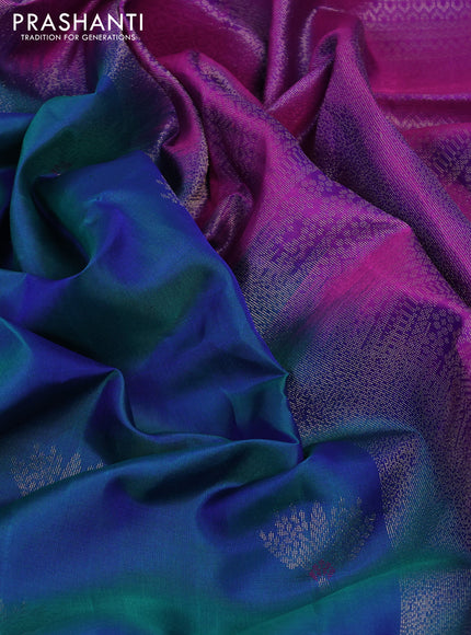 Pure soft silk saree dual shade of teal blue and purple with zari woven buttas and zari woven border