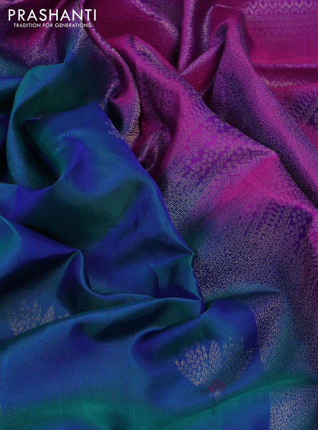 Pure soft silk saree dual shade of teal blue and purple with zari woven buttas and zari woven border