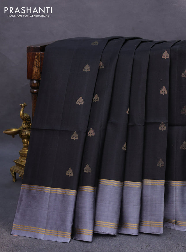 Pure soft silk saree black and grey with zari woven buttas and rettapet zari woven border