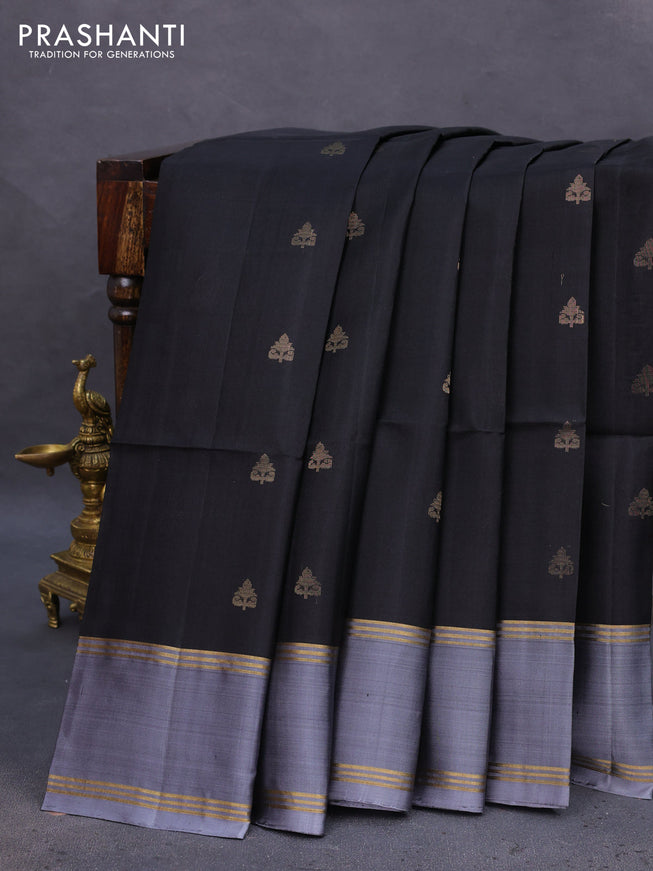 Pure soft silk saree black and grey with zari woven buttas and rettapet zari woven border