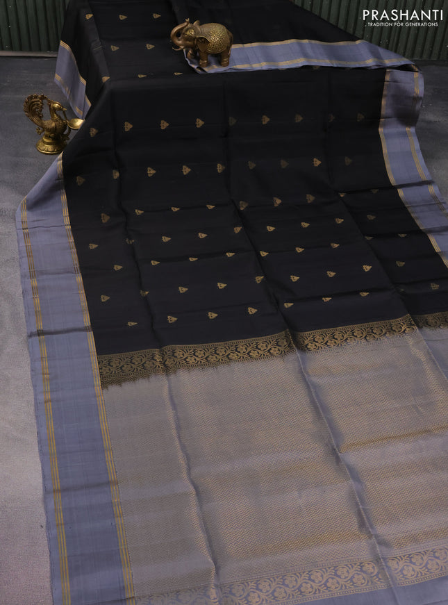 Pure soft silk saree black and grey with zari woven buttas and rettapet zari woven border