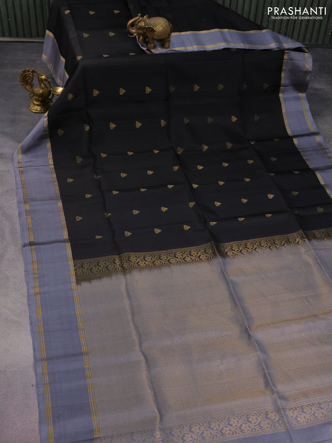 Pure soft silk saree black and grey with zari woven buttas and rettapet zari woven border