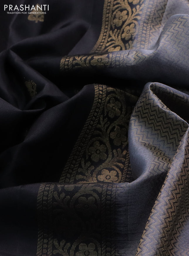 Pure soft silk saree black and grey with zari woven buttas and rettapet zari woven border