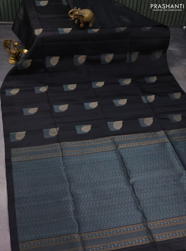 Pure soft silk saree black with thread & zari woven buttas in borderless style