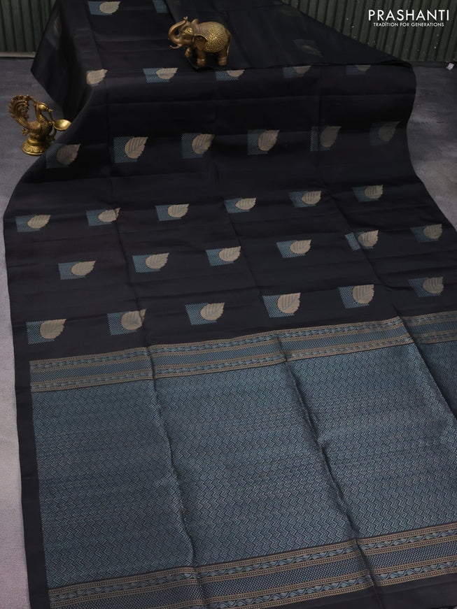 Pure soft silk saree black with thread & zari woven buttas in borderless style