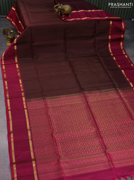 Pure soft silk saree brown and magenta pink with allover zari wevaes and rettapet zari woven border