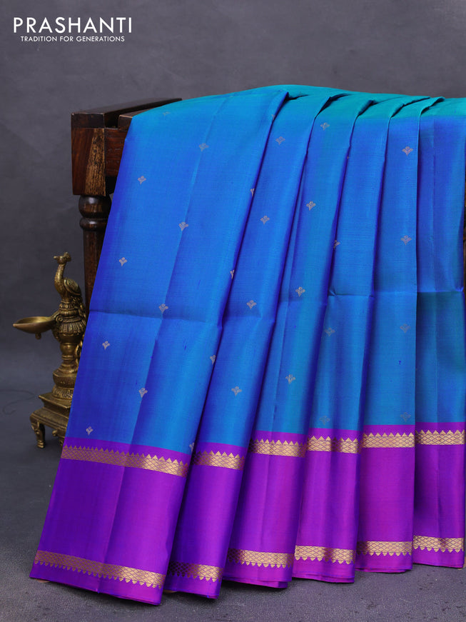Pure soft silk saree dual shade of teal blue and purple with zari woven buttas and zari woven border