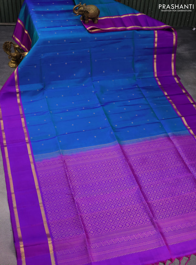 Pure soft silk saree dual shade of teal blue and purple with zari woven buttas and zari woven border