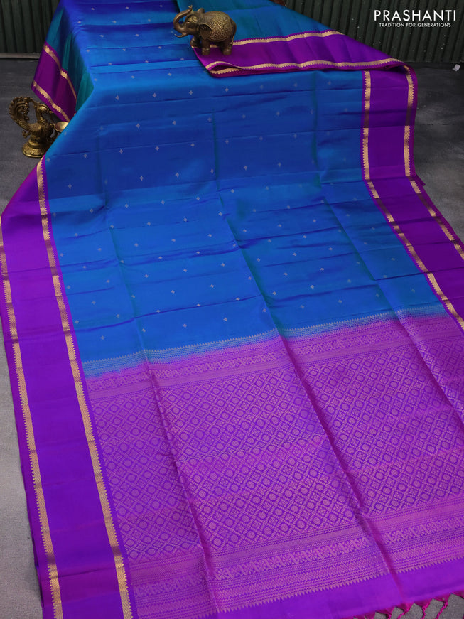 Pure soft silk saree dual shade of teal blue and purple with zari woven buttas and zari woven border