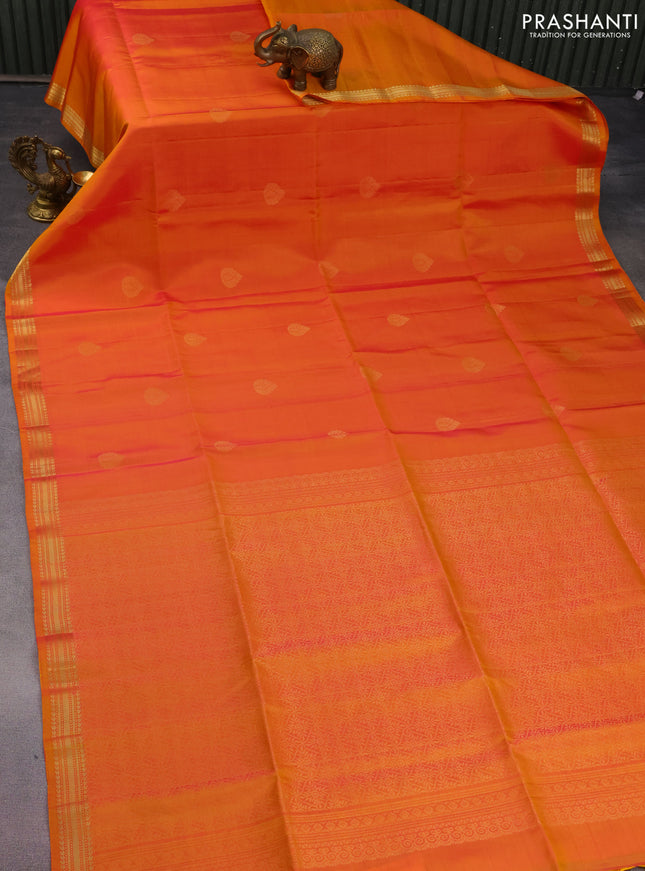 Pure soft silk saree dual shade of yellowish pink with zari woven buttas and zari woven border