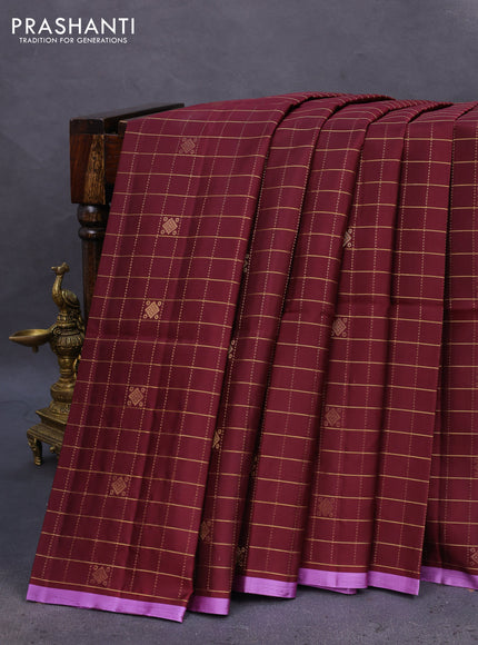 Pure soft silk saree deep maroon and lavender with allover zari checks & buttas and piping border