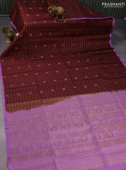 Pure soft silk saree deep maroon and lavender with allover zari checks & buttas and piping border