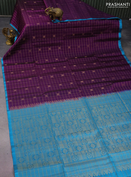 Pure soft silk saree deep purple and light blue with allover zari checks & buttas and piping border