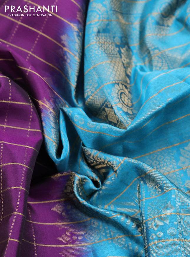 Pure soft silk saree deep purple and light blue with allover zari checks & buttas and piping border