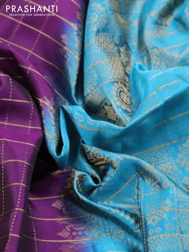 Pure soft silk saree deep purple and light blue with allover zari checks & buttas and piping border