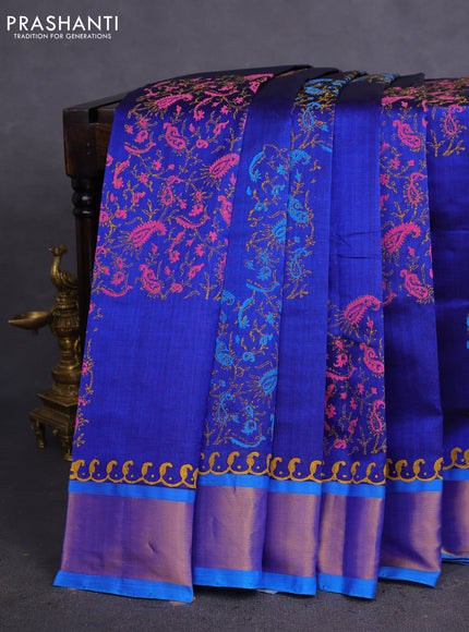 Silk cotton block printed saree blue and cs blue with allover prints and zari woven border