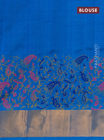 Silk cotton block printed saree blue and cs blue with allover prints and zari woven border