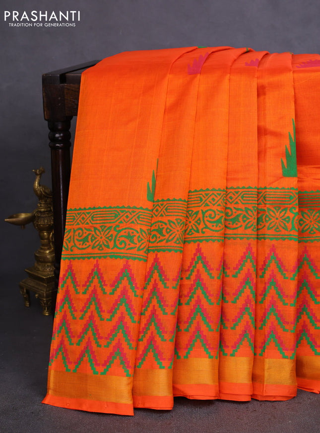 Silk cotton block printed saree orange with butta prints and zari woven border