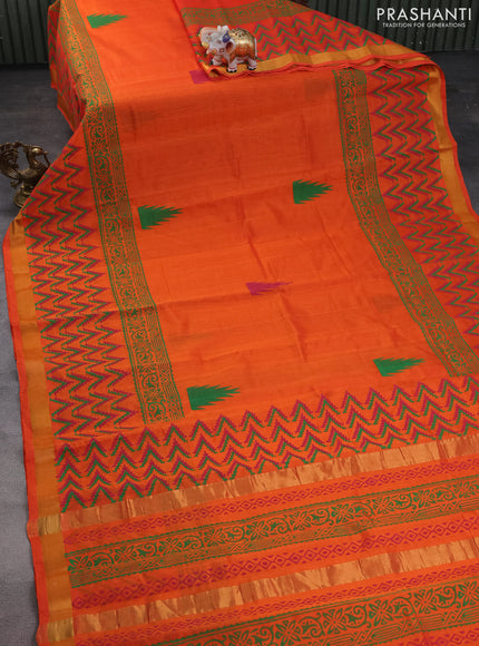 Silk cotton block printed saree orange with butta prints and zari woven border