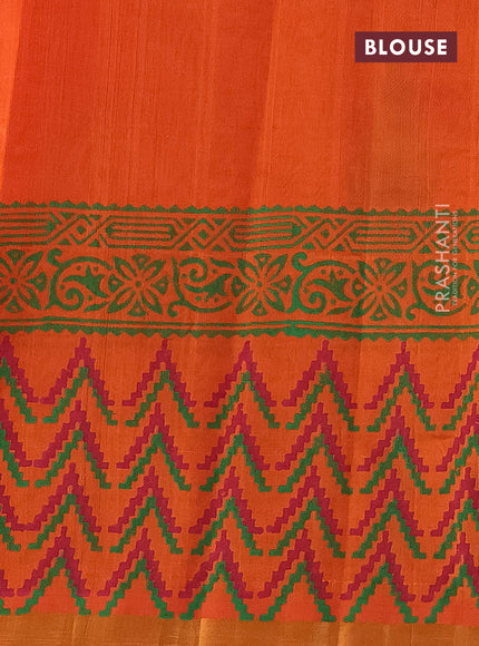 Silk cotton block printed saree orange with butta prints and zari woven border