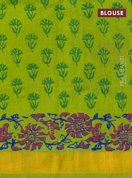 Silk cotton block printed saree light green with allover floral prints and zari woven border