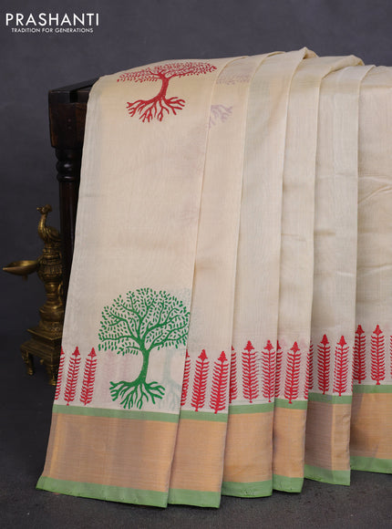 Silk cotton block printed saree cream and light green with butta prints and zari woven border