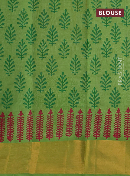Silk cotton block printed saree cream and light green with butta prints and zari woven border