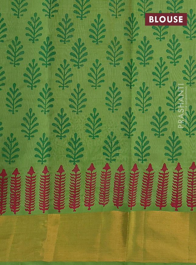 Silk cotton block printed saree cream and light green with butta prints and zari woven border