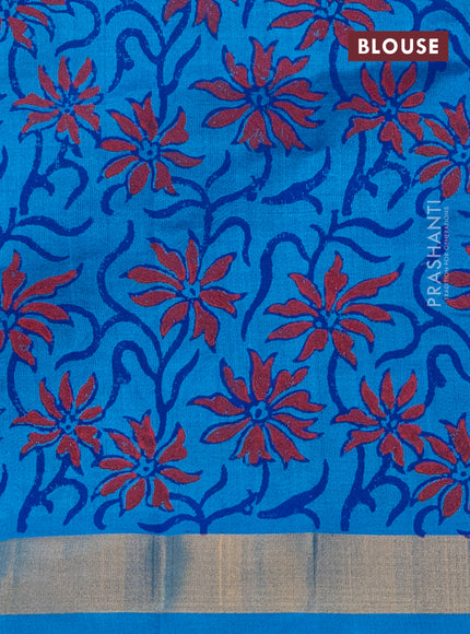 Silk cotton block printed saree cs blue with allover prints and zari woven border