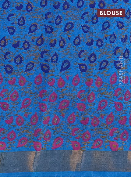Silk cotton block printed saree cs blue with allover prints and zari woven border