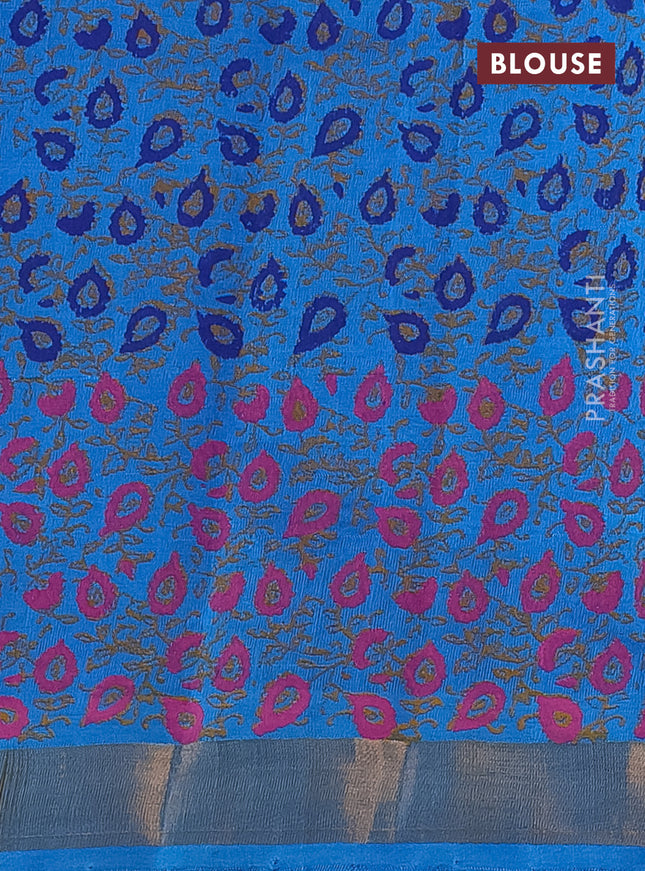 Silk cotton block printed saree cs blue with allover prints and zari woven border