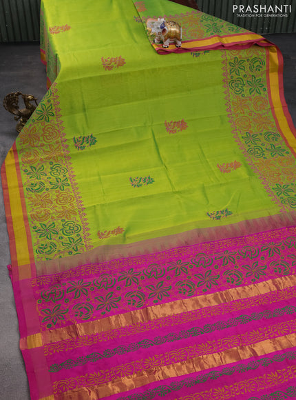 Silk cotton block printed saree light green and pink with allover prints and zari woven border