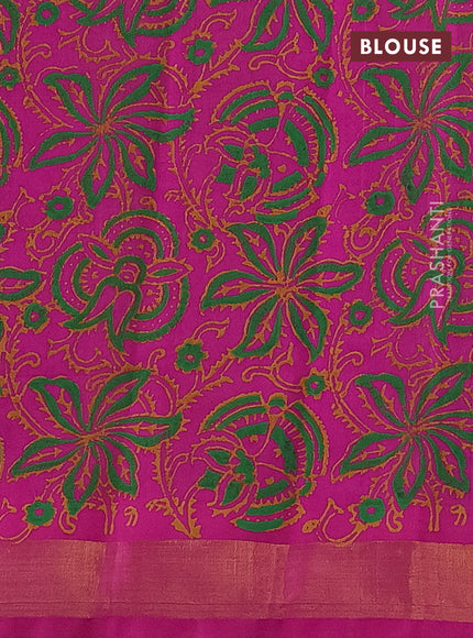 Silk cotton block printed saree light green and pink with allover prints and zari woven border