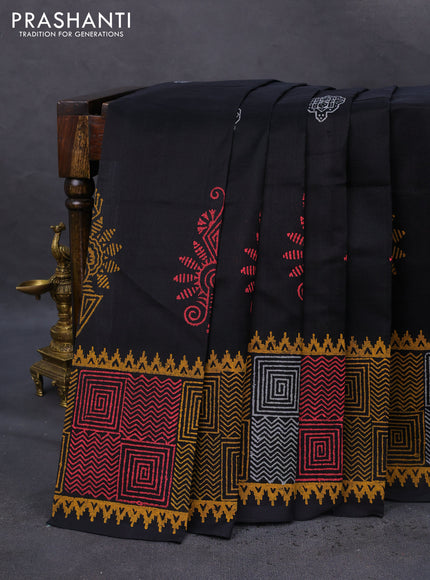 Silk cotton block printed saree black with butta prints and long printed border