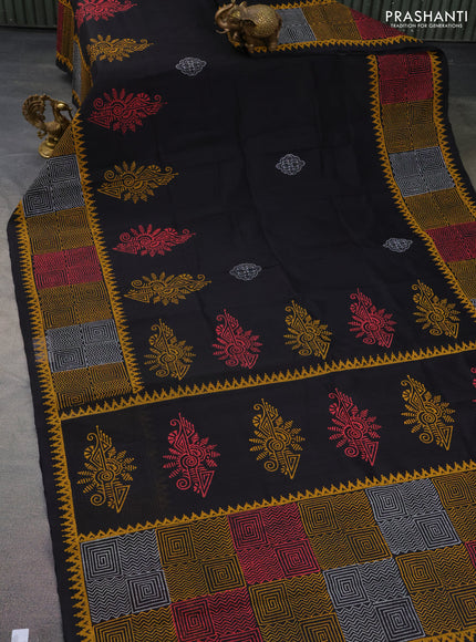 Silk cotton block printed saree black with butta prints and long printed border