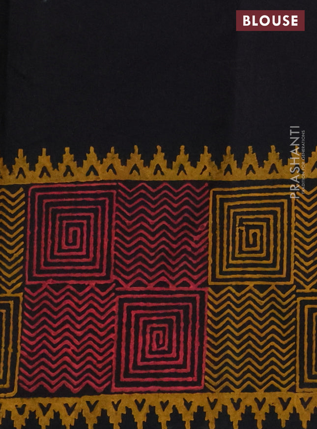 Silk cotton block printed saree black with butta prints and long printed border