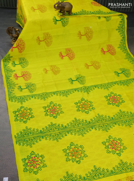 Silk cotton block printed saree yellow with tree butta prints and printed border