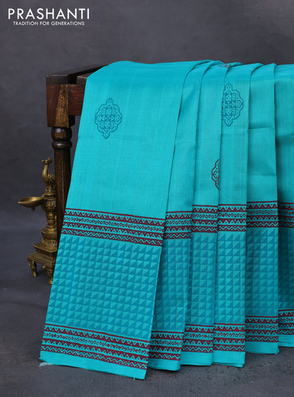Silk cotton block printed saree teal blue with butta prints and printed border