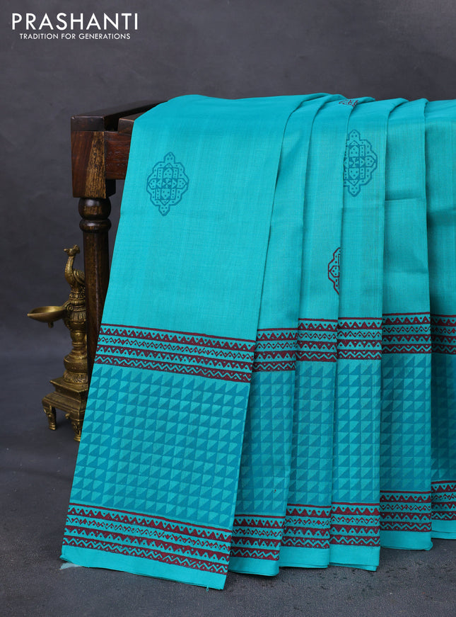 Silk cotton block printed saree teal blue with butta prints and printed border