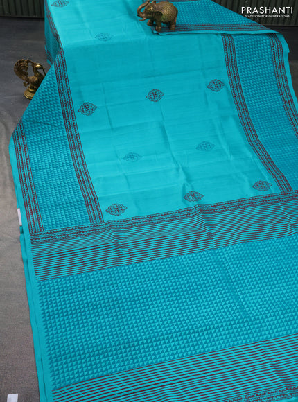 Silk cotton block printed saree teal blue with butta prints and printed border